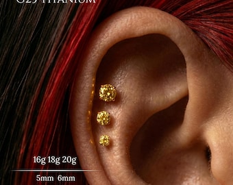 Pendiente de circonita cúbica amarilla de 20G, 18G, 16G con parte trasera plana, labret de titanio sin rosca con pasador a presión, pendiente para tragus, pendiente para hélix, pendiente para cartílago, pendiente para nariz, pendiente para concha, oro