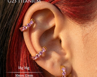 16G 18G Gold Pink CZ Hinged Hoop Earring,G23 Implant Grade Titanium Huggie,Hand Anodized Cartilage Helix Conch Tragus Lobe Ring,Gift Jewelry