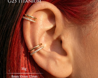 Anillo doble de oro de 16G con circonita cúbica transparente, anillo articulado de titanio de grado implante G23, aro para septum, aro para nariz, aro para cartílago, aro para hélix, tragus, daith, concha, lóbulo.