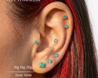 Ohrstecker aus 16G, 18G oder 20G Implantat-Titan, gewindelos, mit Zirkonia, handeloxiert, individuelle Farbe, flache Rückseite, Tragus-, Helix- und Conch-Ohrstecker