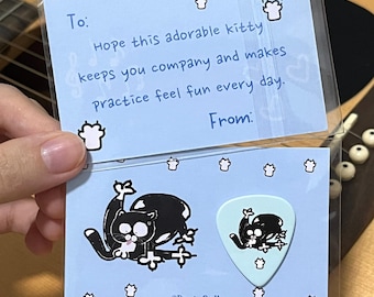 Black Cat Practice Guitar Bass Pick with Message Card, Cute Companion Gift for Music Student and Bedroom Player, Cat Lover Birthday Surprise