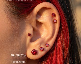 Pendiente plano sin rosca de titanio de grado implante G23 con circonita cúbica roja de 16G, 18G, 20G, labret con pasador, pendiente para tragus, pendiente para hélix, pendiente para nariz, pendiente para concha, pendiente para lóbulo