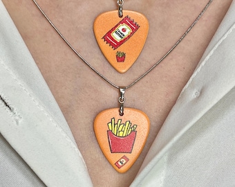Fries And Ketchup Matching Guitar Pick Necklace Set Celluloid Picks Stainless Steel Snake Chain Message Card Gift Box , Valentine's Day Gift