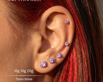 Pendiente plano sin rosca de titanio de grado implante con circonita cúbica lavanda de 20G, 18G, 16G, labret con pasador, pendiente para tragus, pendiente para cartílago del hélix, pendiente para nariz, concha, lóbulo