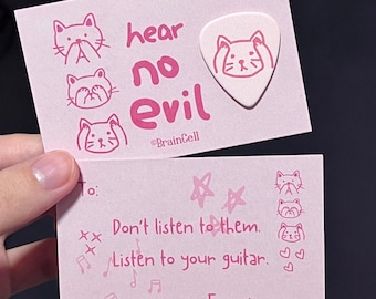 Original Hand Drawn Hear No Evil Cat Guitar Pick With Message Card, Gift For Guitarist, Gift For Cat Lover, Valentine Gift, Anniversary Gift