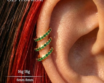 Anillo de aro articulado de titanio de grado implante G23, oro verde y circonita cúbica, 16G, 18G, clicker para septum, aro para nariz, aro para cartílago, aro para hélix, tragus, daith, conch y lóbulo.