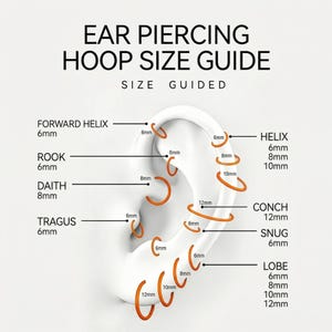 Pode incluir: Um guia de tamanhos para argolas de piercing na orelha com uma ilustra&ccedil;&atilde;o branca de uma orelha e argolas laranja. O texto inclui EAR PIERCING HOOP SIZE GUIDE, FORWARD HELIX 6mm, ROOK 6mm, DAITH 8mm, TRAGUS 6mm, HELIX 6mm, 8mm, 10mm, CONCH 12mm, SNUG 6mm e LOBE 6mm, 8mm, 10mm, 12mm.