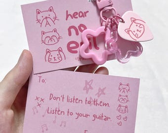Original Guitar Pick Keychain, Hear No Evil Cat Charm, Glossy Pink Pick Pendant With Star And Flower, Gift for Guitarist, Gift for Cat Lover