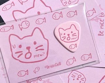 Hand Painted Guitar Pick,Cat and Fish Doodle,Glossy Pink Plectrum, Card Included, Gift for Guitarist, Gift for Cat Mom, Gift for Music Lover
