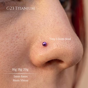 Pode incluir: Um piercing de nariz em titânio G23 com uma pequena esfera roxa de 1,5 mm. O texto indica calibres de 16g, 18g e 20g, com comprimentos de haste de 5 mm, 6 mm, 8 mm e 10 mm. O piercing está inserido na lateral de um nariz.