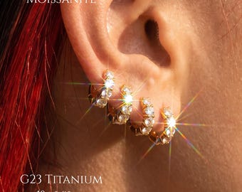 D Color 3mm Moissanite Cartilage Ring,16G 8mm 10mm Implant Grade Titanium Huggie,Hand Anodized Gold Hinged Clicker,Helix Daith Conch Jewelry
