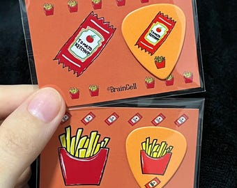 Fries and Ketchup Doodle Guitar Bass Pick with Message Gift Card,Couple Snack Theme Pick Set Gift for Music Lover Birthday Valentine's Day