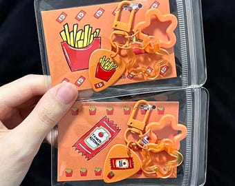 Juego de llaveros con púa de guitarra a juego, papas fritas y kétchup, con clip naranja, dije de estrella, llavero gourmet y tarjeta con mensaje, regalo de San Valentín.