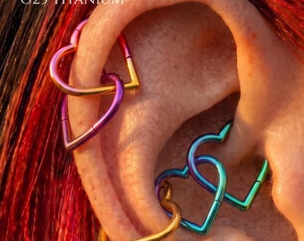 Rainbow Heart G23 Titanium Hoop,16G Gradient Clicker Earring,Hand Anodized Statement Cartilage Ring,Daith Helix Conch Lobe Piercing Jewelry