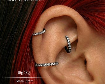 18G, 16G Black CZ G23 Titanium Hinged Hoop Ring,Nose Ring, Septum Clicker,Cartilage Hoop,Helix Earring, Tragus Ring, Daith, Conch, Lobe Hoop