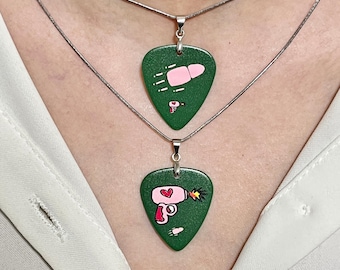 Matching Guitar Pick Necklace Duo Set With Hand Painted Love Blaster And Bullet Celluloid Picks Stainless Steel Snake Chain,Anniversary Gift