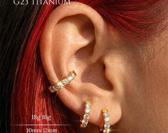 16G 18G Gold Clear CZ Hinged Hoop Earring,G23 Implant Grade Titanium Huggie,Hand Anodized Cartilage Helix Daith Conch Tragus Lobe,10mm 12mm