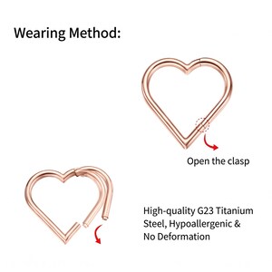 Pode incluir: Um aro em forma de cora&ccedil;&atilde;o em ouro rosa com um fecho de dobradi&ccedil;a. A imagem inclui o texto Wearing Method, Open the clasp e High-quality G23 Titanium Steel, Hypoallergenic & No Deformation, mostrando como o aro se abre.