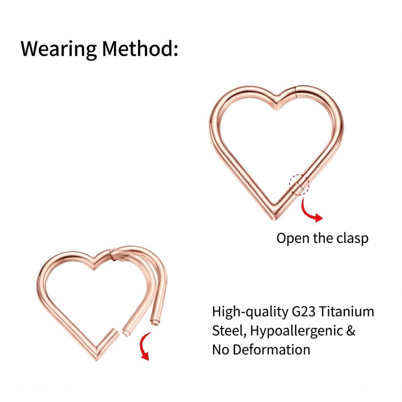 Pode incluir: Um aro em forma de cora&ccedil;&atilde;o em ouro rosa com um fecho de dobradi&ccedil;a. A imagem inclui o texto Wearing Method, Open the clasp e High-quality G23 Titanium Steel, Hypoallergenic & No Deformation, mostrando como o aro se abre.
