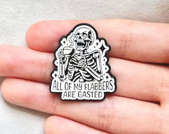 Funny Skeleton Tea Enamel Pin – Goth Meme Badge for Alt Fashion & Dark Humor Lovers