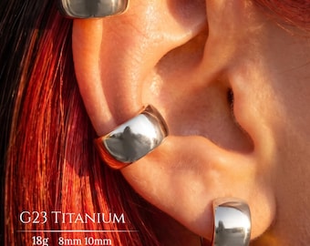 Silver G23 Titanium Wide Band Hoop,Smooth Chunky Huggie Earring,Hand Anodized Minimal Cartilage Ring,Helix Conch Lobe Ear Piercing Jewelry