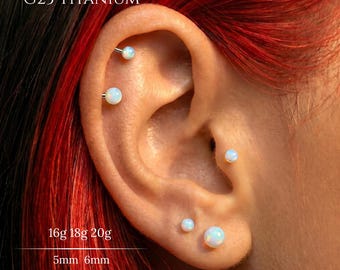 20G,18G,16G Implant Grade Titanium Opal Ball Threadless Push Pin Labret,Opal Flat Back Earring,Cartilage Tragus Conch Helix Nose Lobe Stud