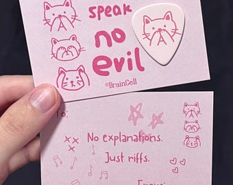 Hand Painted Guitar Pick,Speak No Evil Cat Doodle Art,Glossy Pink Handmade Plectrum,Gift for Guitarist,Gift for Cat Lover,Gift for Valentine
