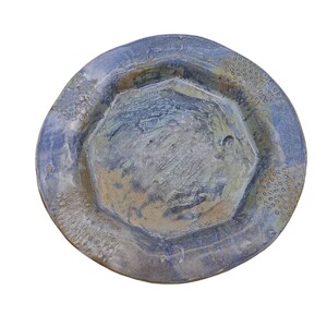 Brutalist 12&quot; Blue Serving Plate Red Clay Stoneware Molten Glaze Studio Signed SR