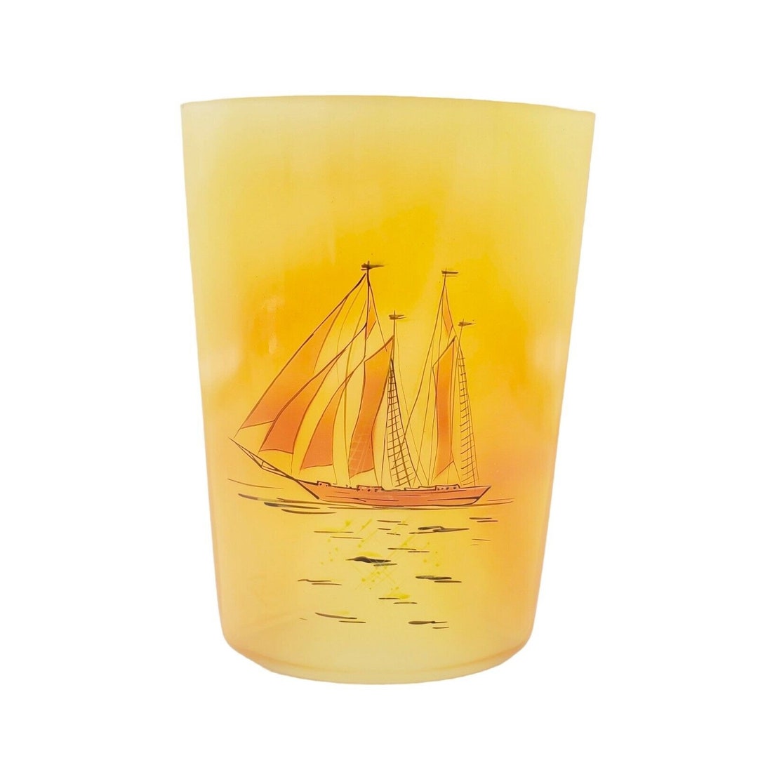 VTG Gold Sail Ship Glass Vase Satin Nautical Handpainted 10 Oval Eye