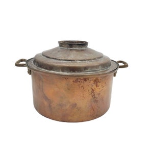 Antique Large French Tinned Copper Stew Pot with Hammered Dutch Lid and Brass Handles, Vintage Cookware