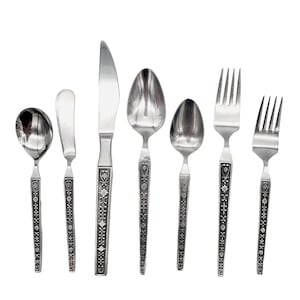 VTG Riviera Cordova Stainless MCM Flatware Silverware Japan United Silver Co Replacement Knife, Fork, Spoon Black Inlay Heart Fleur de Lis