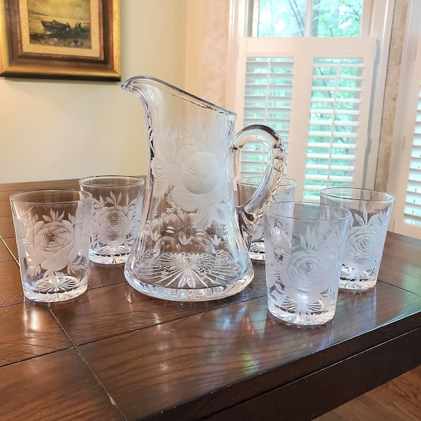 American Brilliant Cut Glass Heavy Pitcher & 5 Matching Tumblers Etched Roses