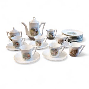 Antique 22-Piece Child Tea Set with Animal Scenes, German Victorian 1880s *See