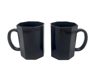 Pair of 1980s Arcoroc France Black Octime Octagon Cups, Vintage Mugs Set, Unique Coffee Glass, Retro Kitchenware, Classic French Design