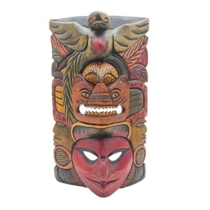 Carved Tribal Mayan Indigenous American Mask Totem 17&quot; Warrior Jaguar Quetzal