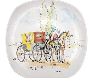 12" Hand Painted Beni Ceramic Serving Plate Made in Italy - Vintage Horse & Buggy Carriage Scene, Artistic Tableware