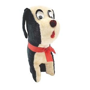 VTG Black White Dog Puppy Stuffed Animal Toy Felt Pom Pom Nose Carnival 50s