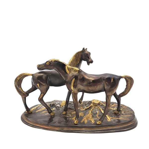 VTG After Antoine Louis Barye, Two Horses, French Bronze Brass Inlay Sculpture Figurine Statue Art