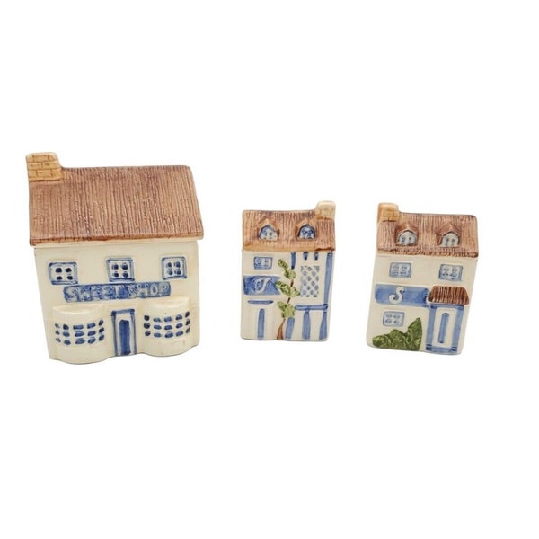 Haldon Group English Cottage Salt, Pepper, & Sugar Dish Set, 1970s Ceramic in Blue and White, Vintage Kitchenware