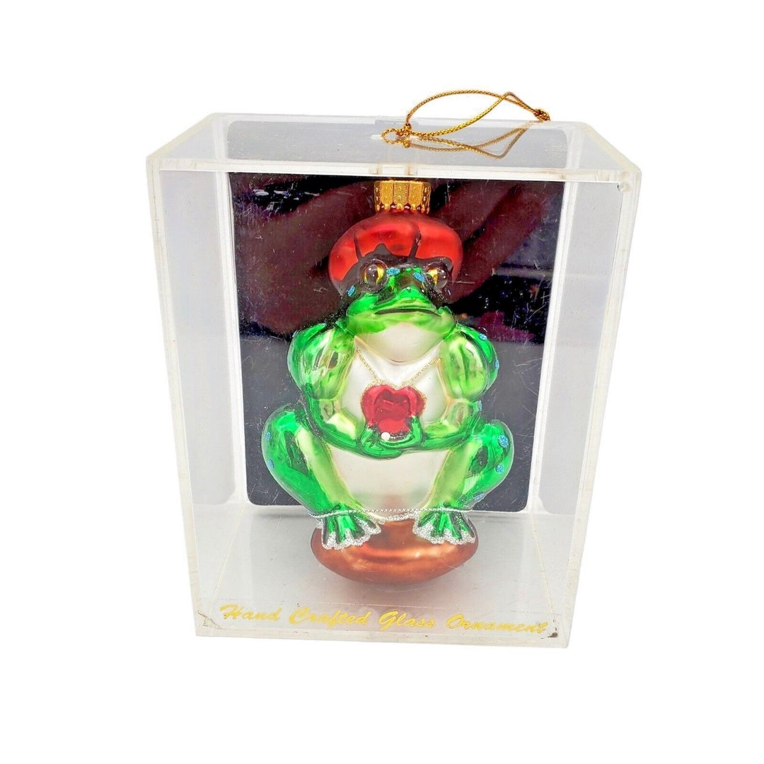 Hand Blown Glass Frog Prince Christmas Ornament, Vintage 2001, 4 Hand