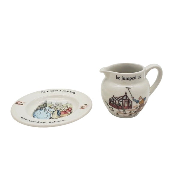 Peter Rabbit Wedgwood Creamer & Tea Cup Saucer Plate Set - Vintage Porcelain for Tea Party, Classic Beatrix Potter Design, Lovely Gift