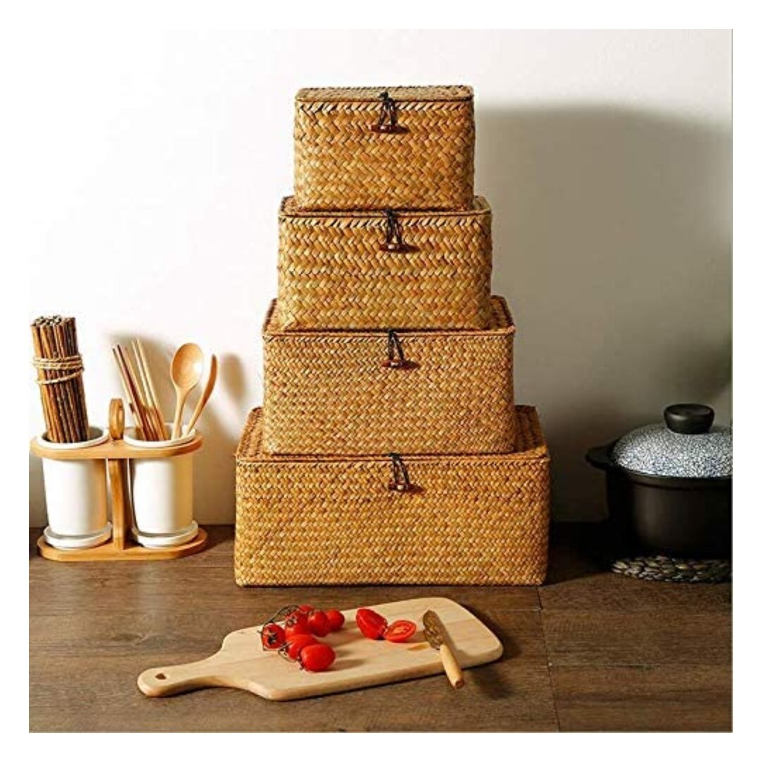 Wicker Baskets With Lids Woven Rectangular Basket Bins Etsy