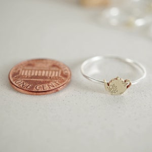 K&ouml;nnte beinhalten: Ein silberner Ring mit einem goldenen Teekannen-Anh&auml;nger. Die Teekanne hat ein florales Design und ist etwa so gro&szlig; wie ein deutscher Cent.