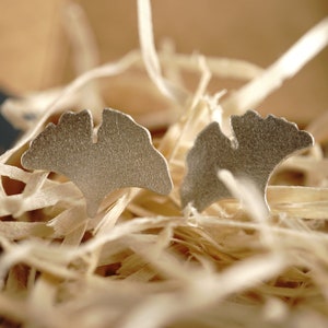 Op de afbeelding: Twee zilveren oorbellen in de vorm van ginkgo bladeren, gepresenteerd op een bed van houtsnippers.