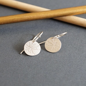 Dandelion dangle earrings, flower drop earrings, nature inspired jewelry, original design, matte silver, round shape, small earrings, cute