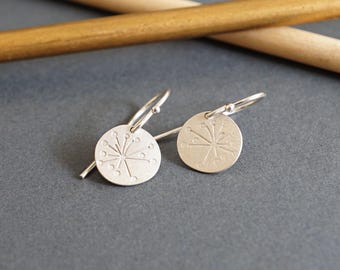 Dandelion dangle earrings, flower drop earrings, nature inspired jewelry, original design, matte silver, round shape, small earrings, cute