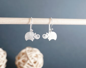 Hippopotamus earrings, Metal hippo, Original design, Sterling silver, Cartoon animal, Design and laser cut