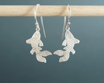 Silver engraved Koi fish dangle earrings, Koi fish earrings, fish inspired earrings, original design, silver jewelry, small earrings, cute