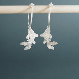 Silver engraved Koi fish hoop earrings, Koi fish earrings, fish inspired earrings, original design, silver jewelry, small earrings, cute