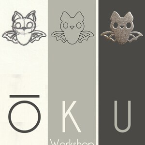 Peut inclure: Une illustration en noir et blanc d'une chauve-souris avec le texte "OK Workshop" en dessous. La chauve-souris est repr&eacute;sent&eacute;e en trois &eacute;tapes de d&eacute;veloppement, d'une esquisse brute &agrave; un dessin au trait plus raffin&eacute;, puis &agrave; une version finale noire et pleine.